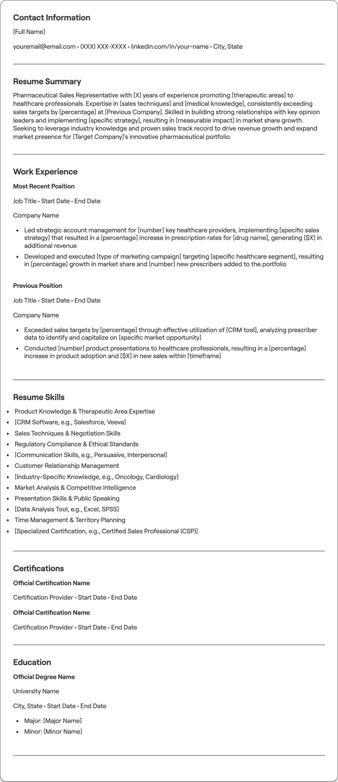 Pharmaceutical Rep resume example