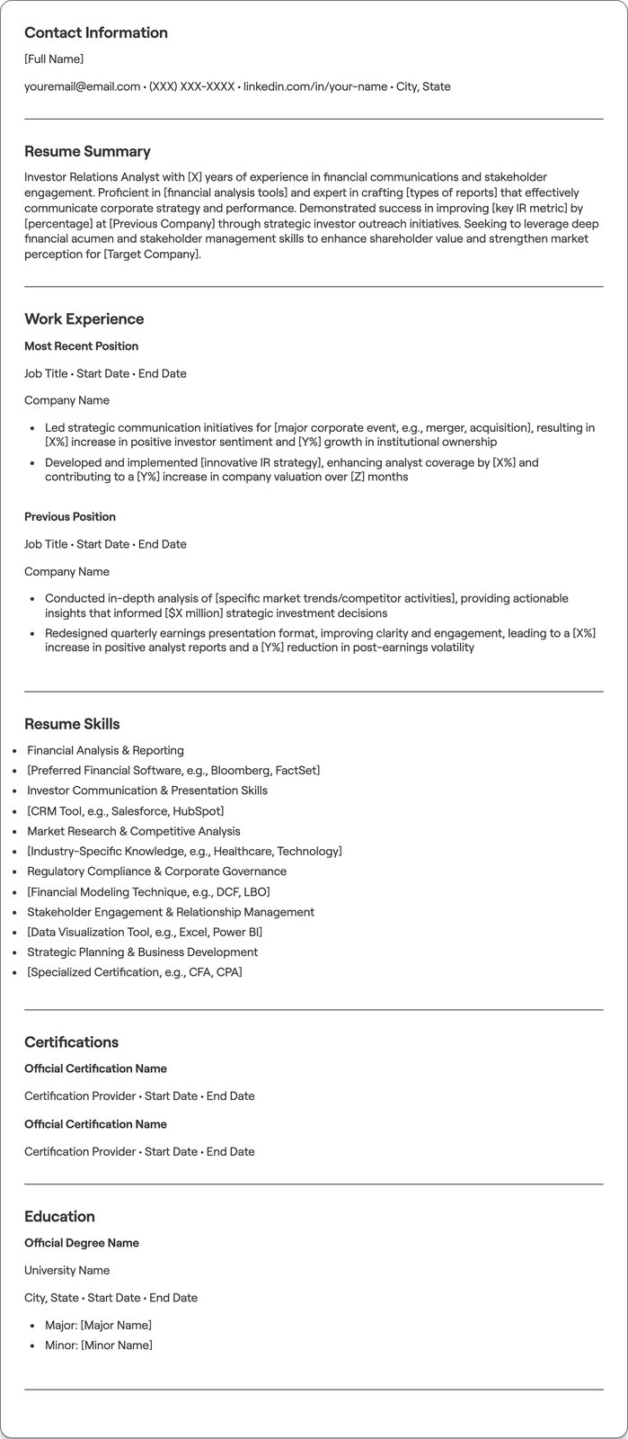 Investor Relations Analyst resume example