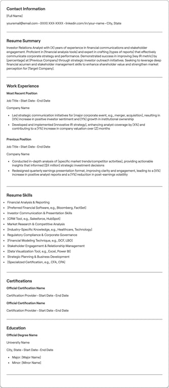 Investor Relations Analyst resume example