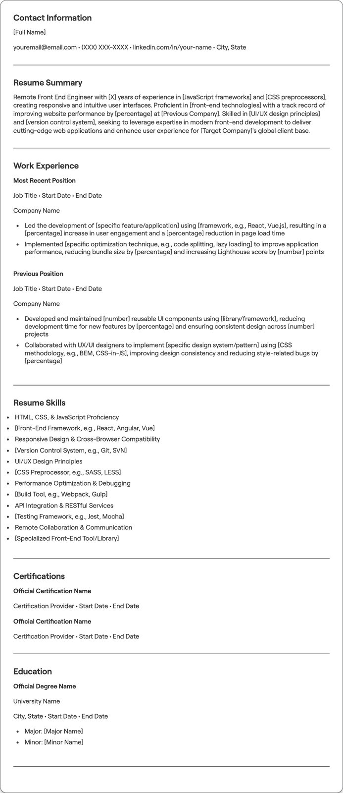 Remote Front End Engineer resume example