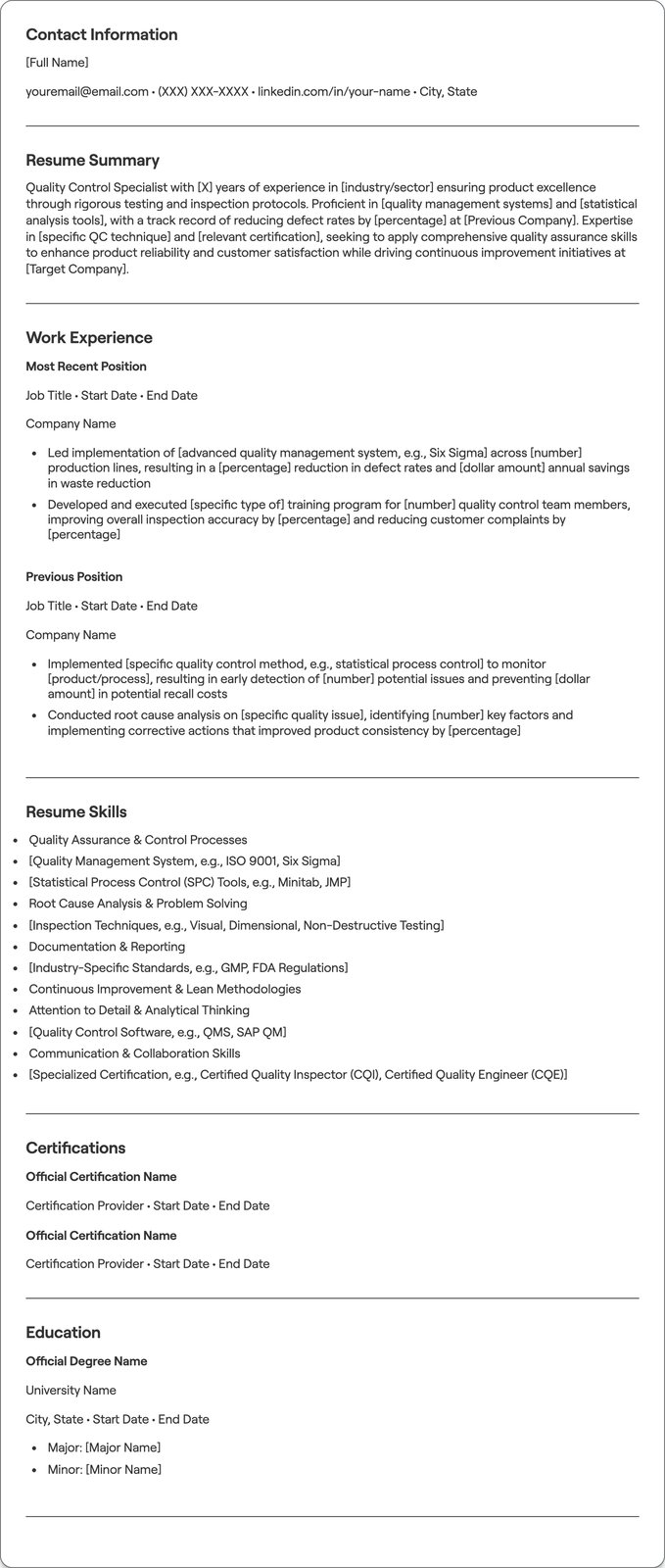 Quality Control Specialist resume example