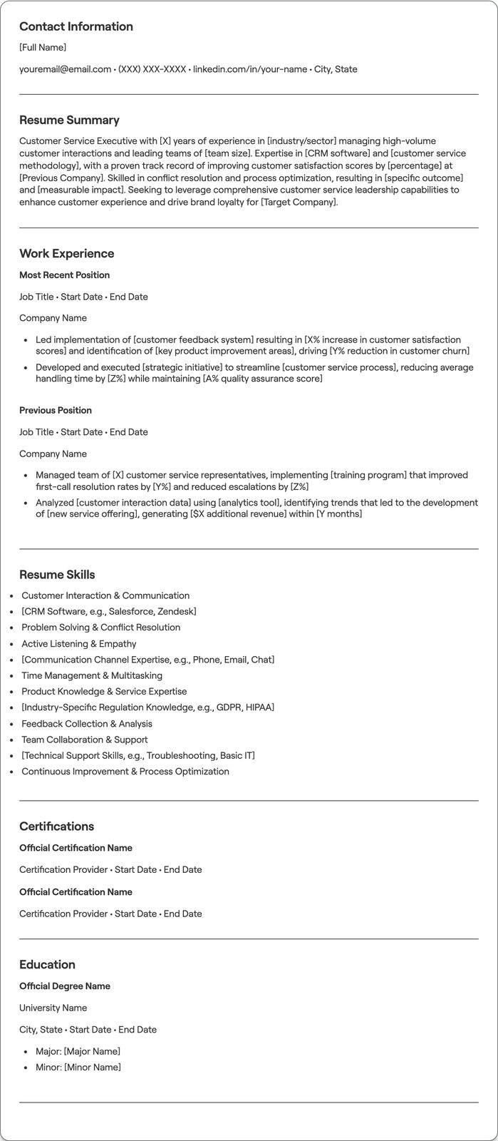 Customer Service Executive resume example
