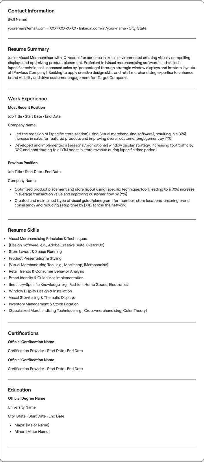 Junior Visual Merchandiser resume example