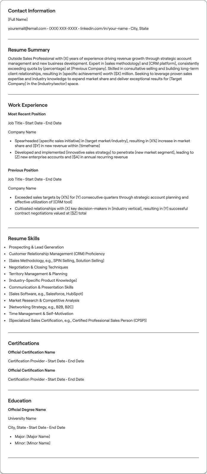 Outside Sales Professional resume example