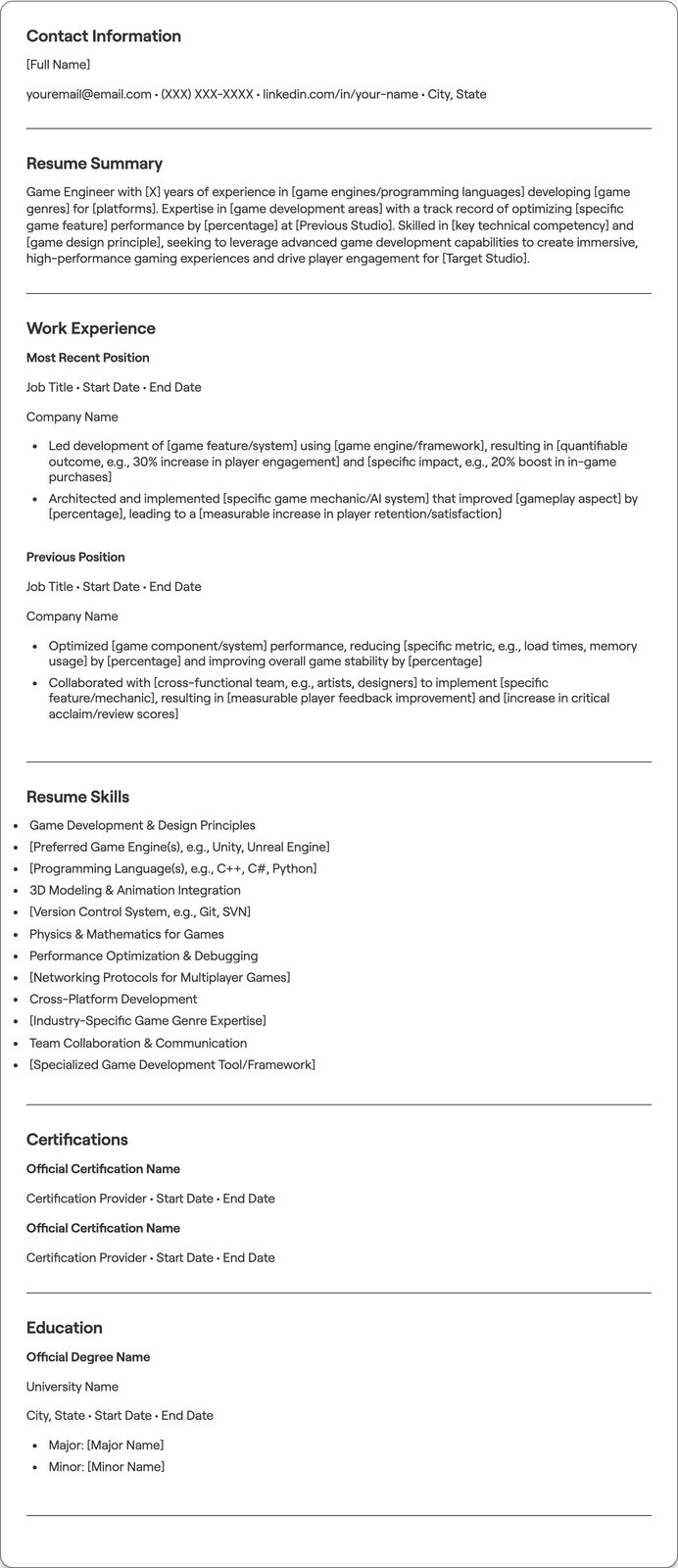 Game Engineer resume example