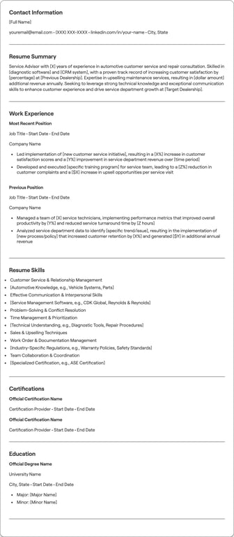 Service Advisor resume example