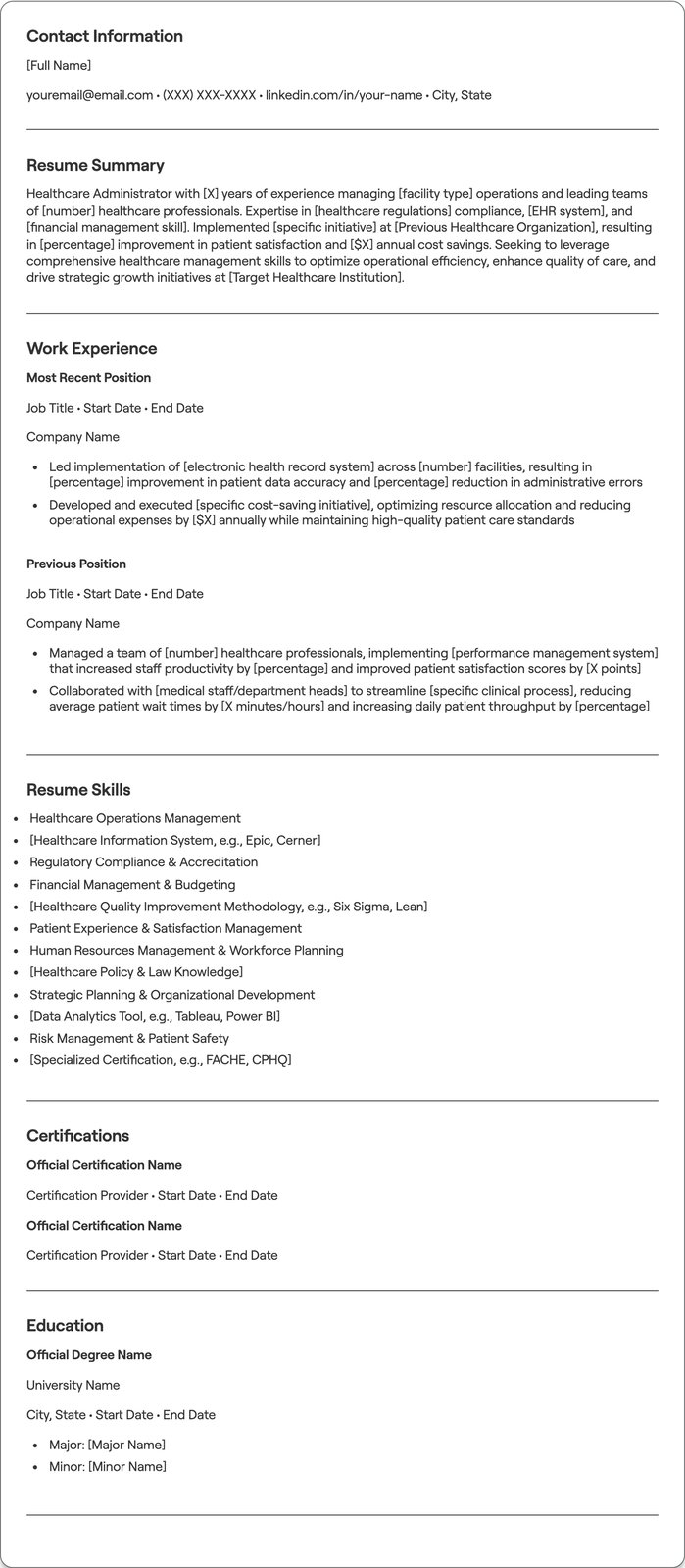 Healthcare Administrator resume example