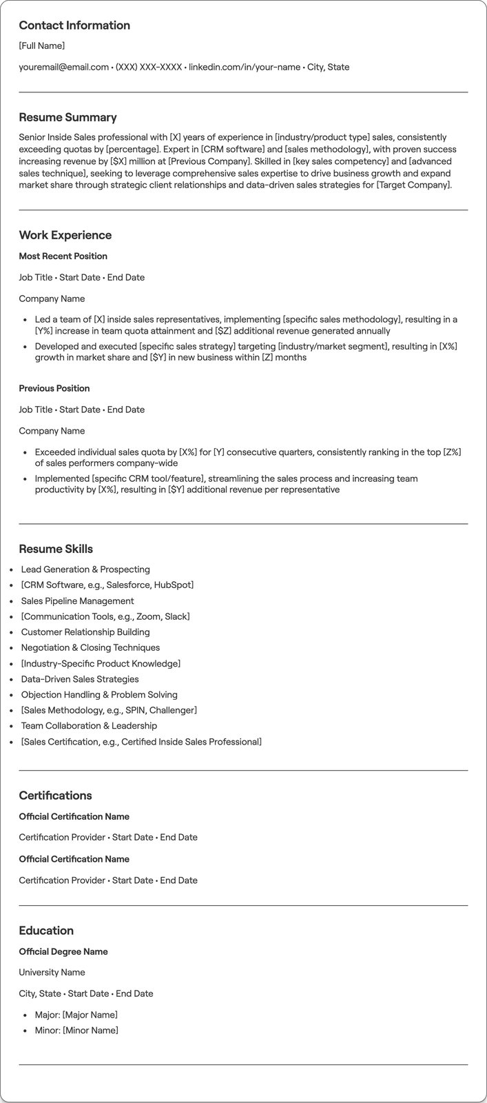 Senior Inside Sales resume example