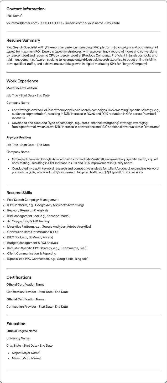 Paid Search Specialist resume example