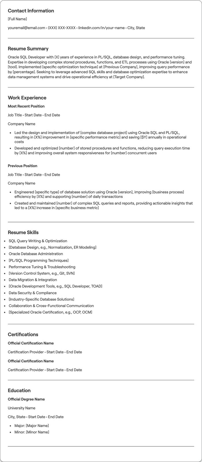 Oracle SQL Developer resume example