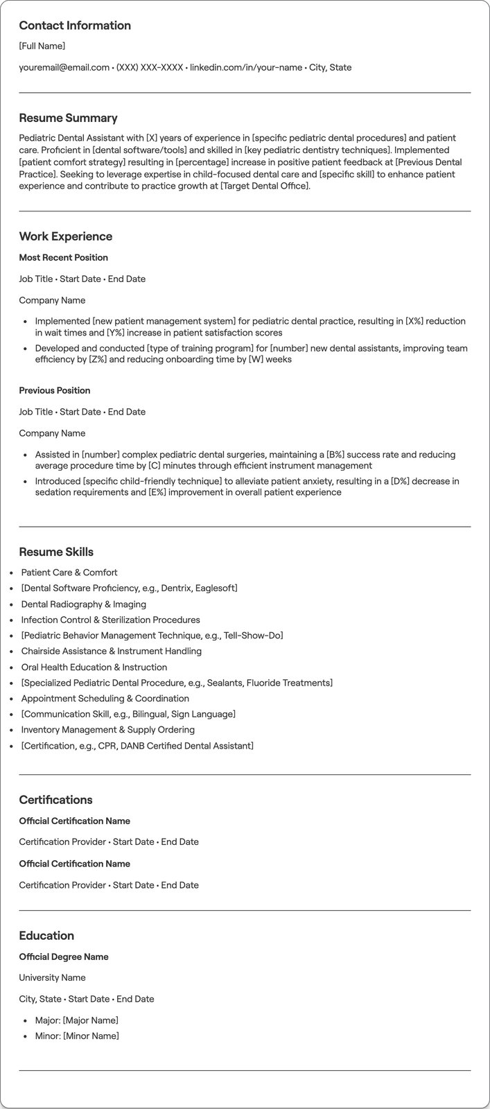 Pediatric Dental Assistant resume example