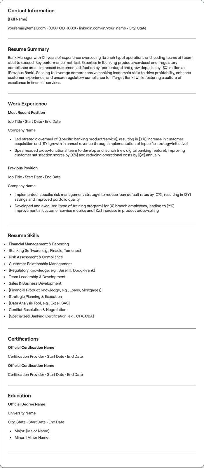 Bank Manager resume example