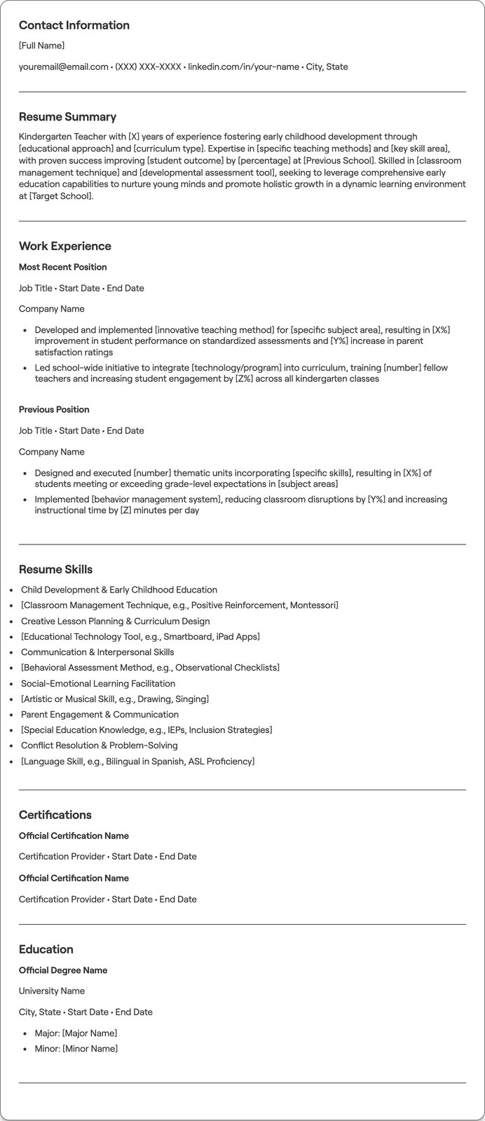 Kindergarten Teacher resume example