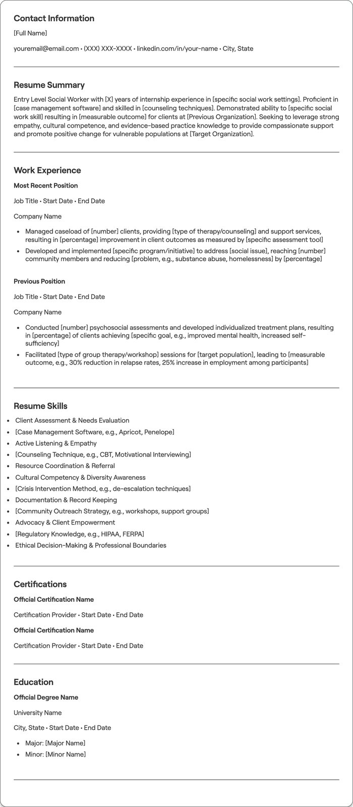 Entry Level Social Worker resume example