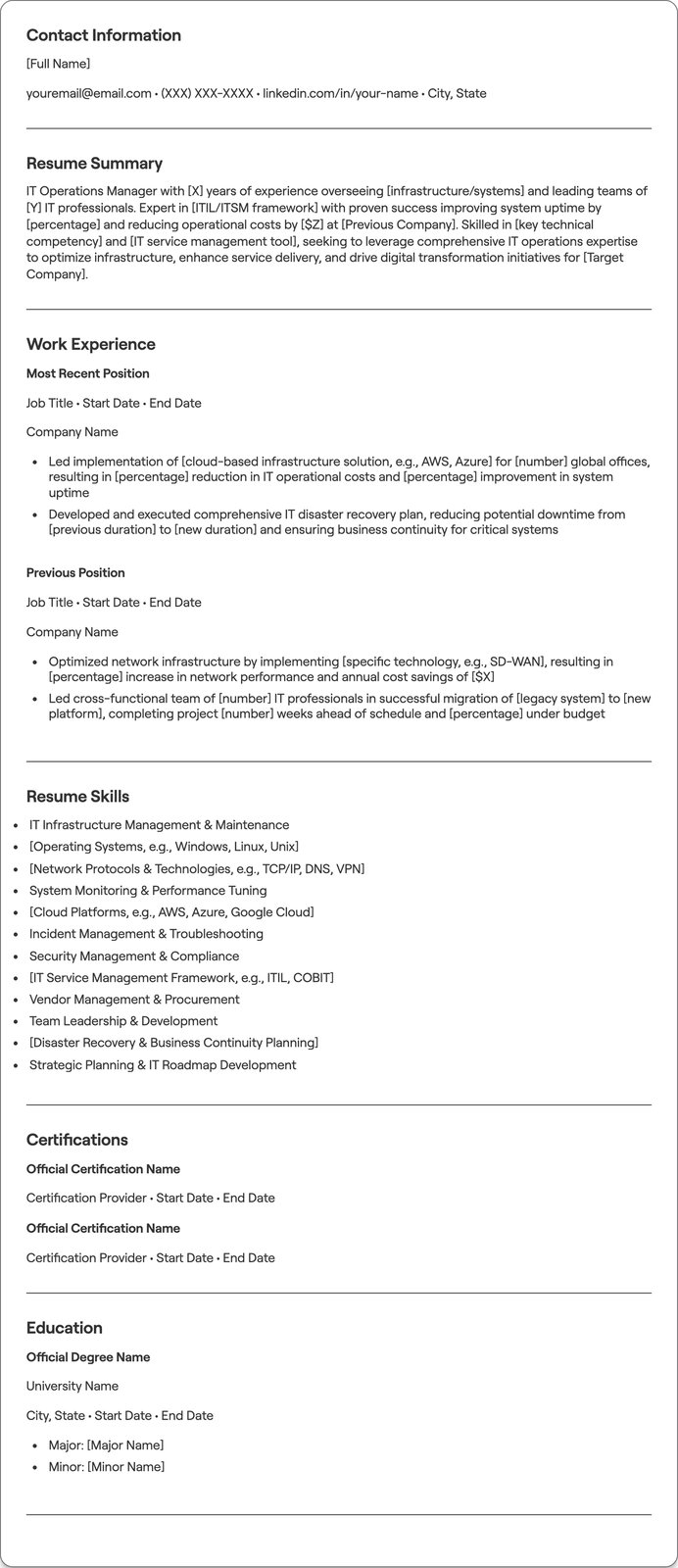 IT Operations Manager resume example
