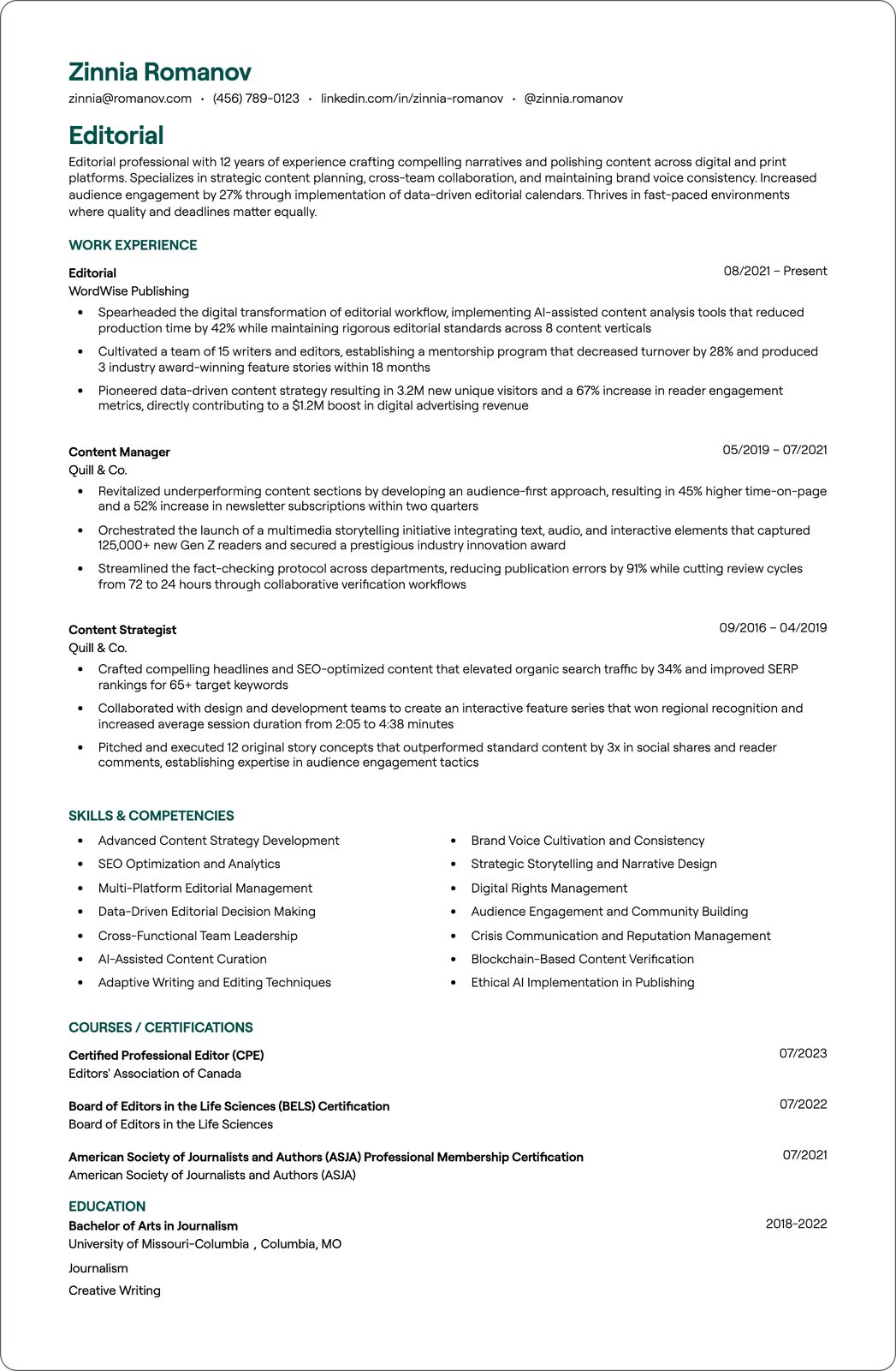 Editorial resume example
