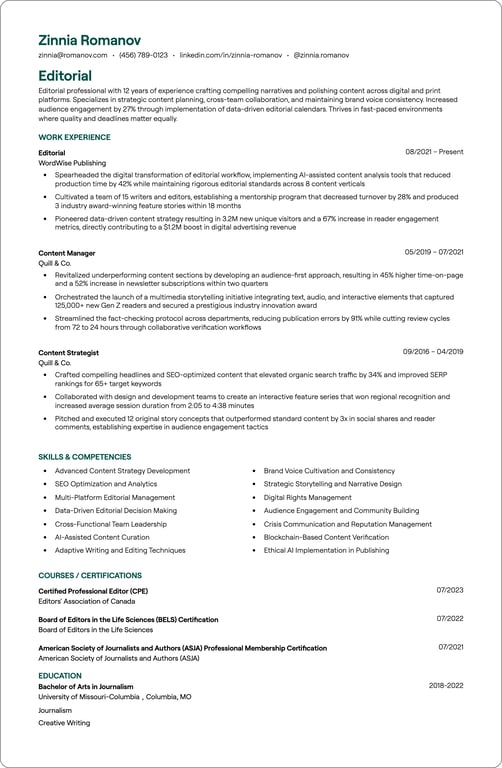 Editorial resume preview