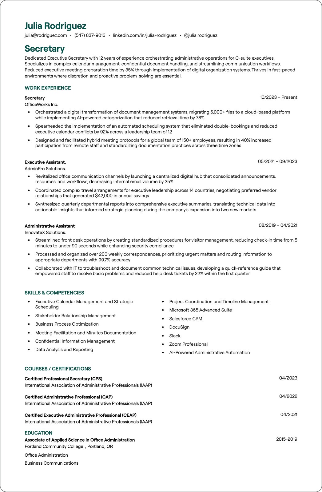 Financial Secretary resume example