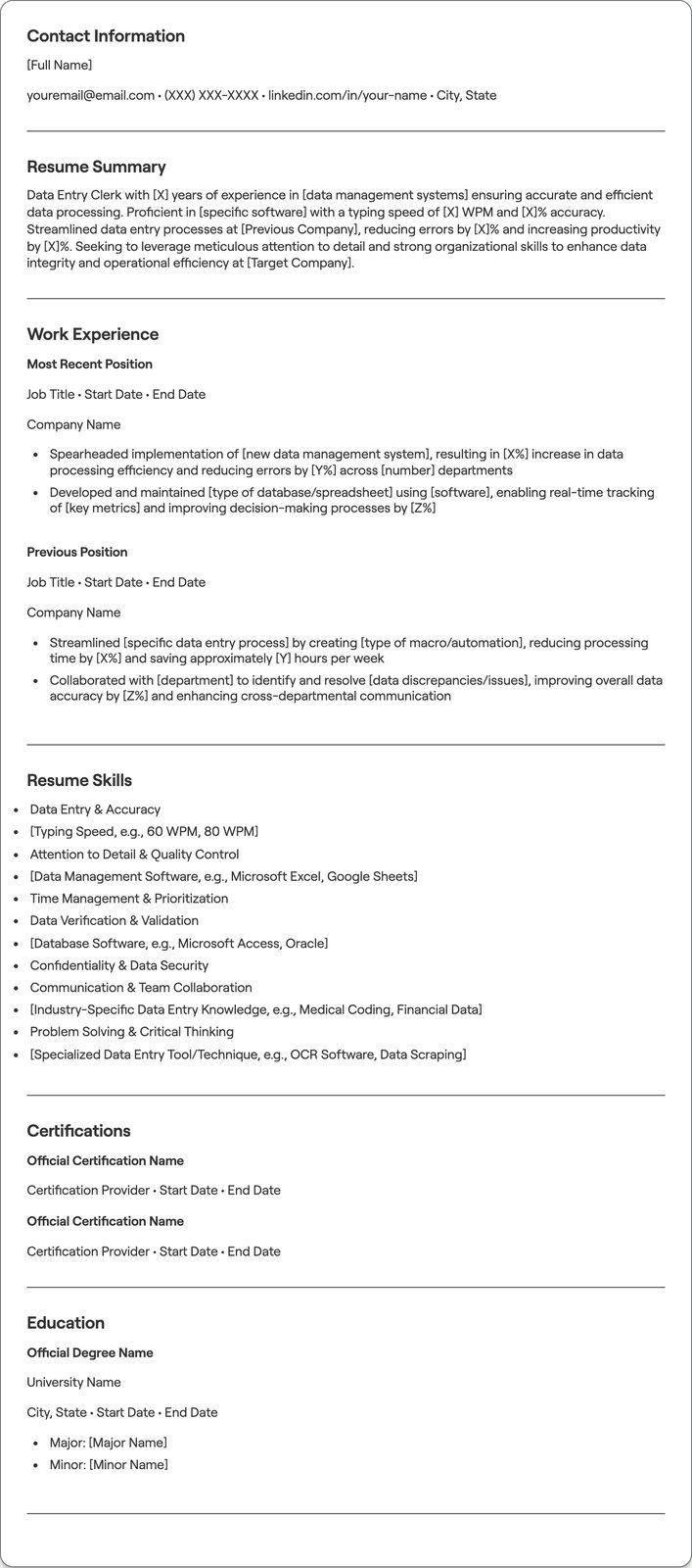 Data Entry Clerk resume example