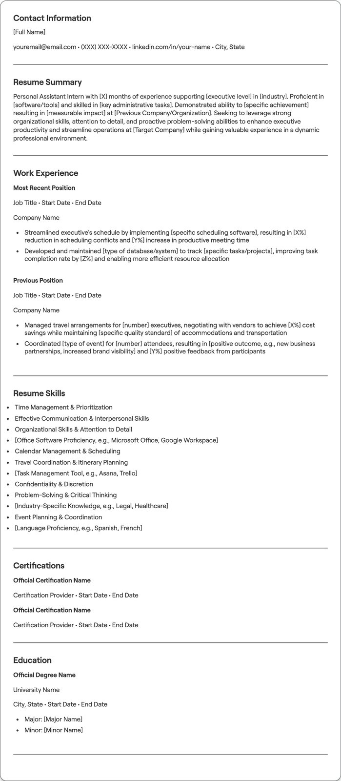Personal Assistant Intern resume example