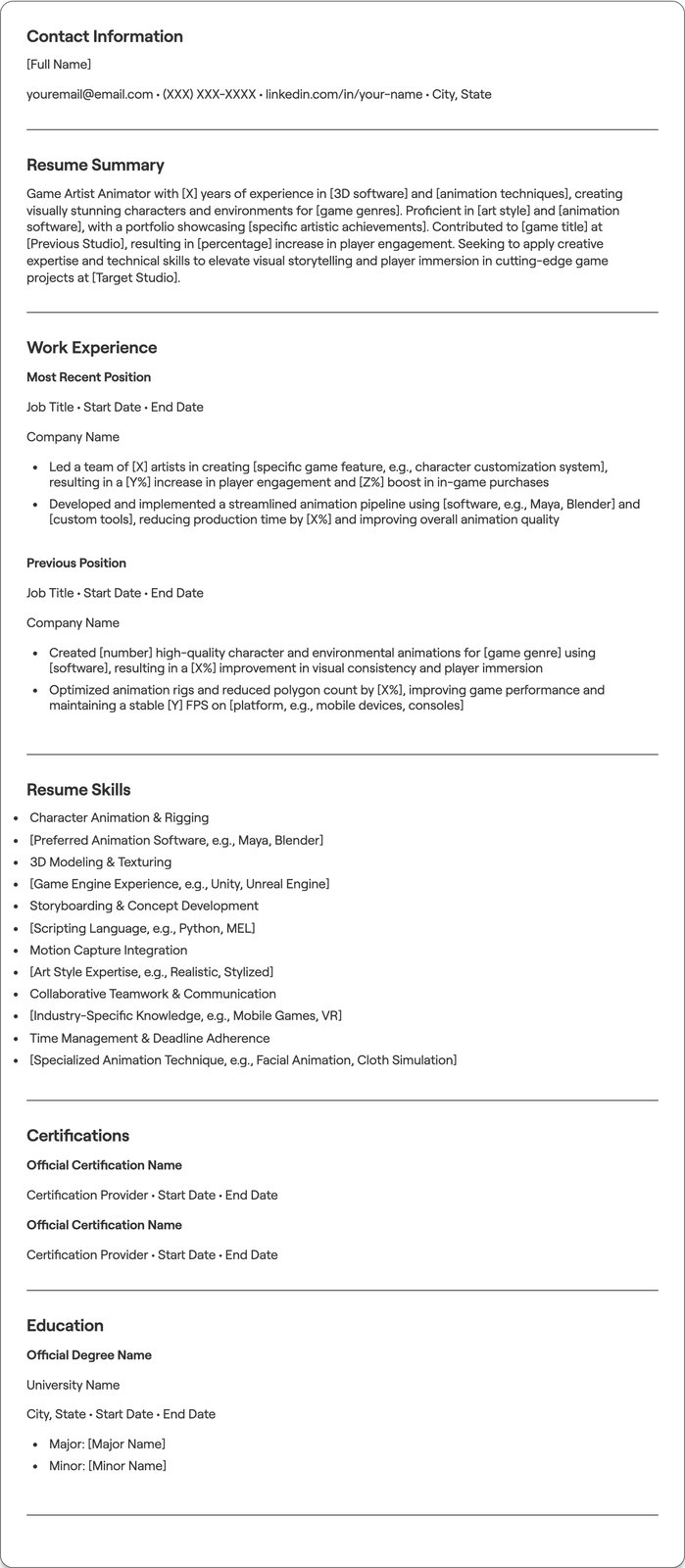 Game Artist Animator resume example