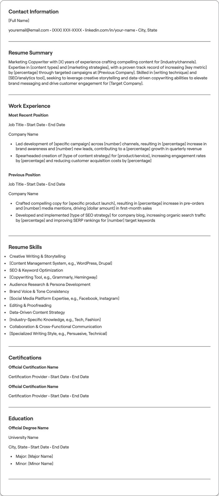 Marketing Copywriter resume example