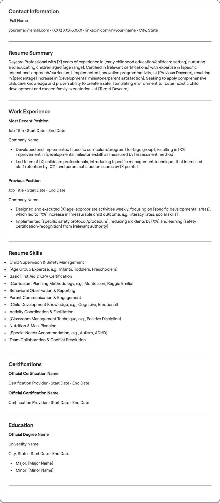 Daycare resume example
