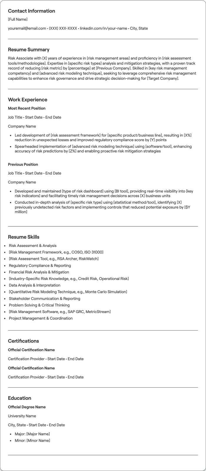 Risk Associate resume example