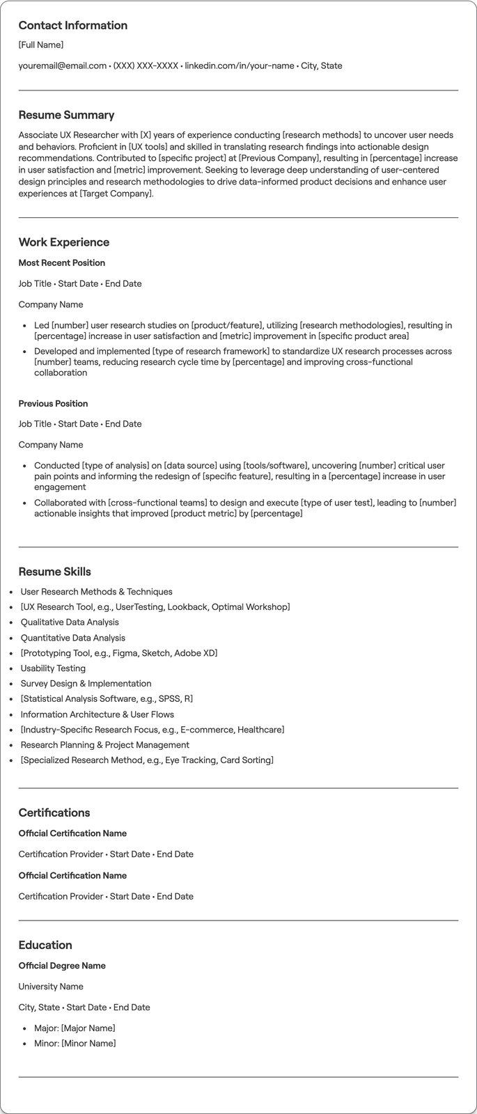 Associate UX Researcher resume example