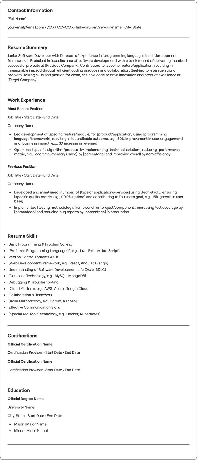 Junior Software Developer resume example