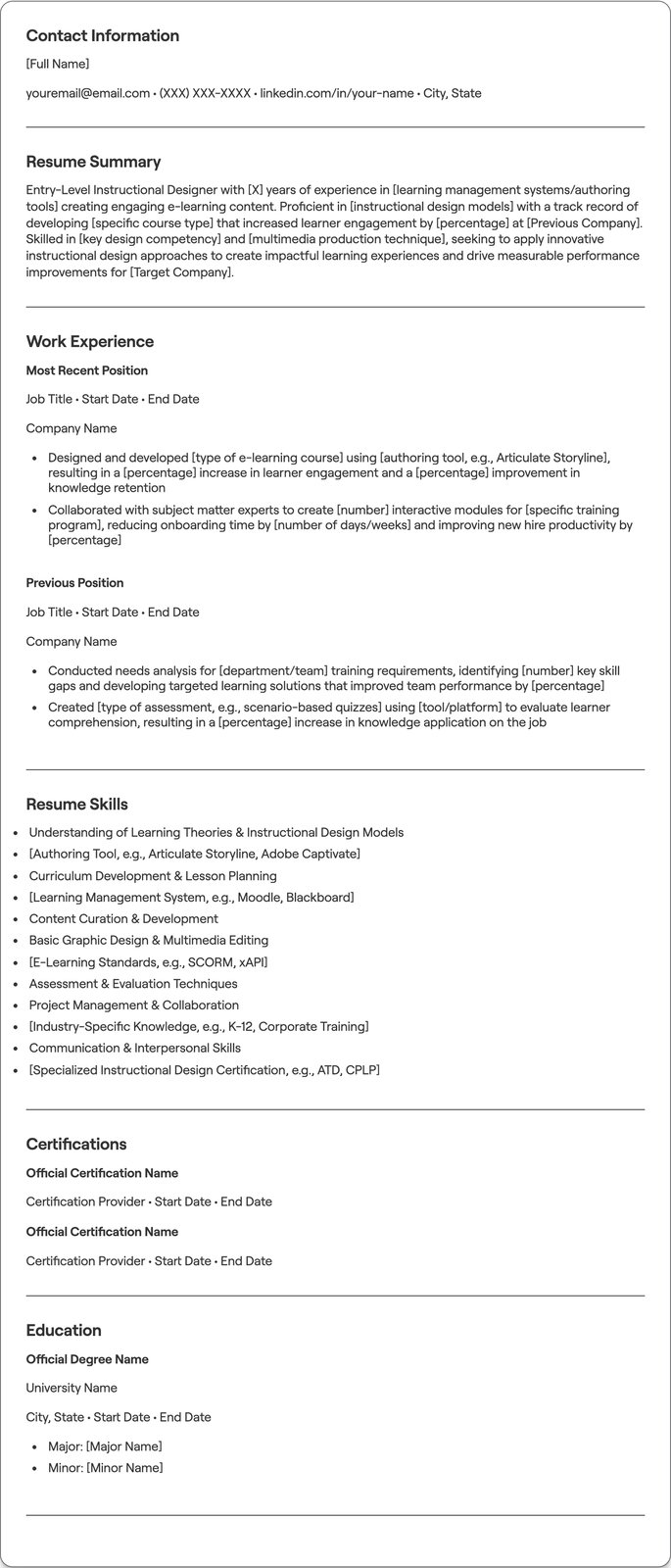 Entry Level Instructional Design resume example