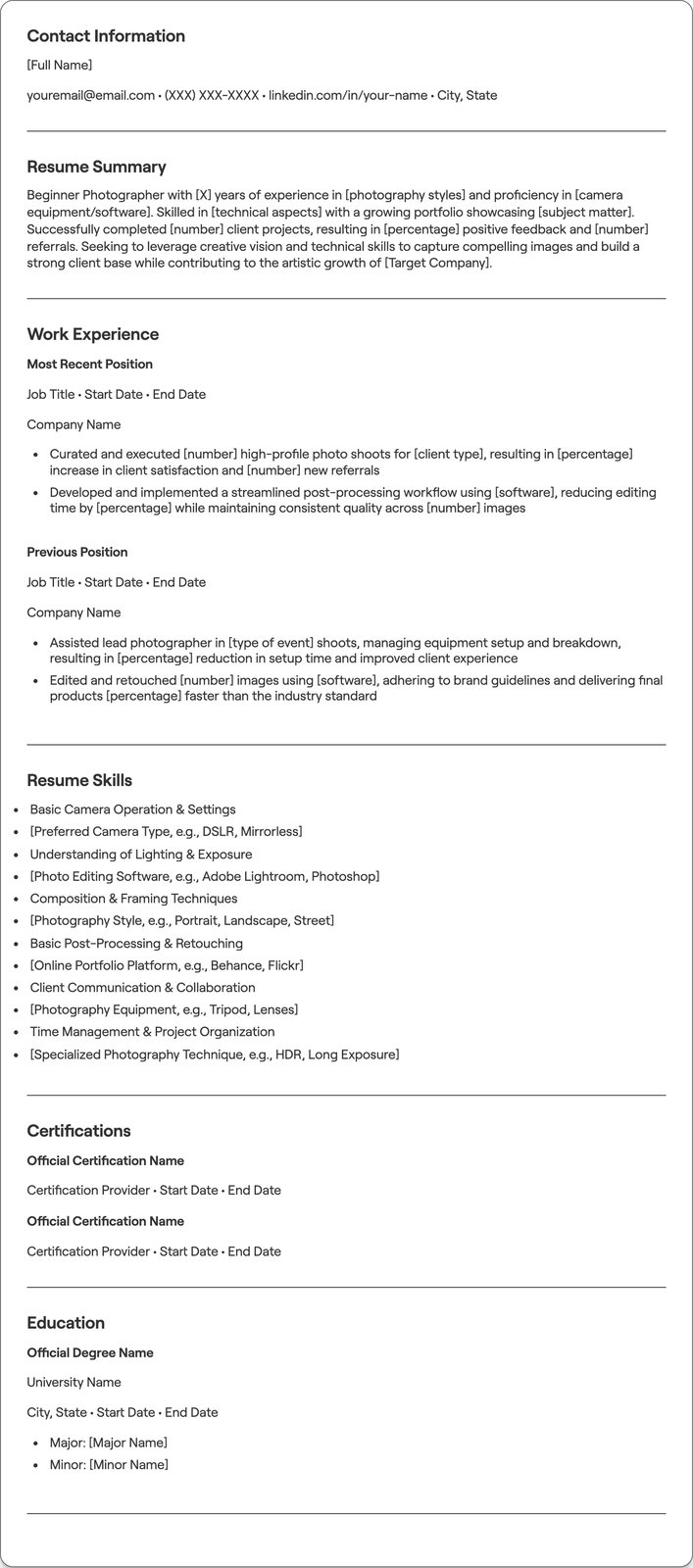 Beginner Photographer resume example