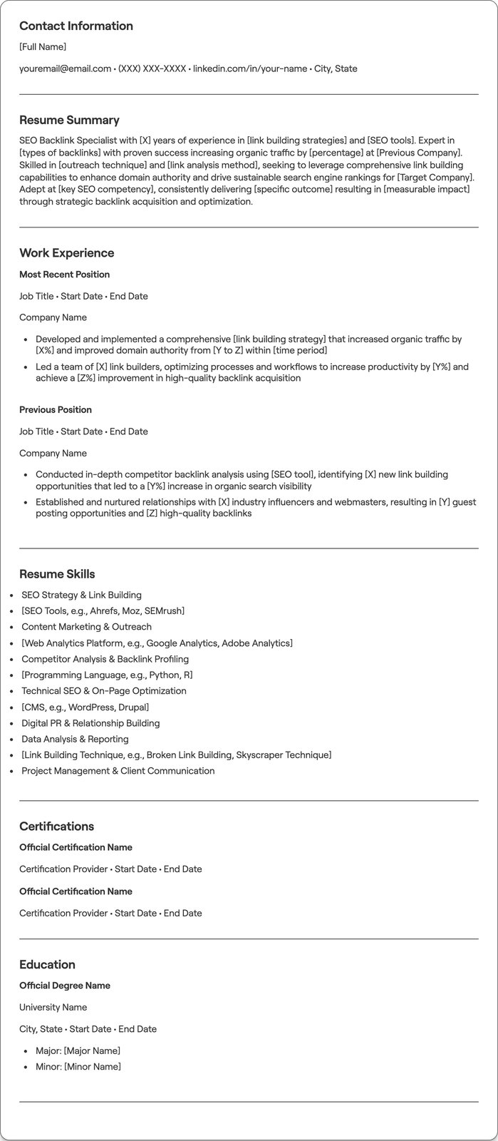 SEO Backlink Specialist resume example