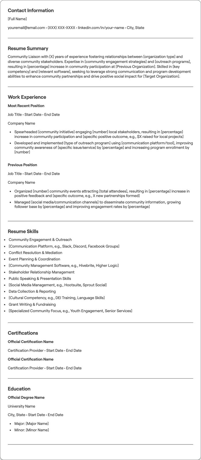 Community Liason resume example