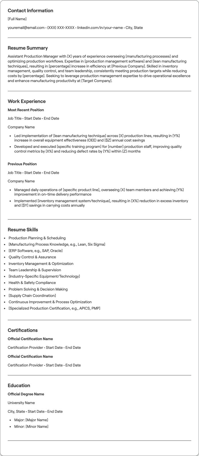 Assistant Production Manager resume example