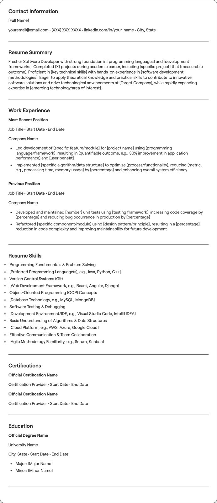 Fresher Software Developer resume example