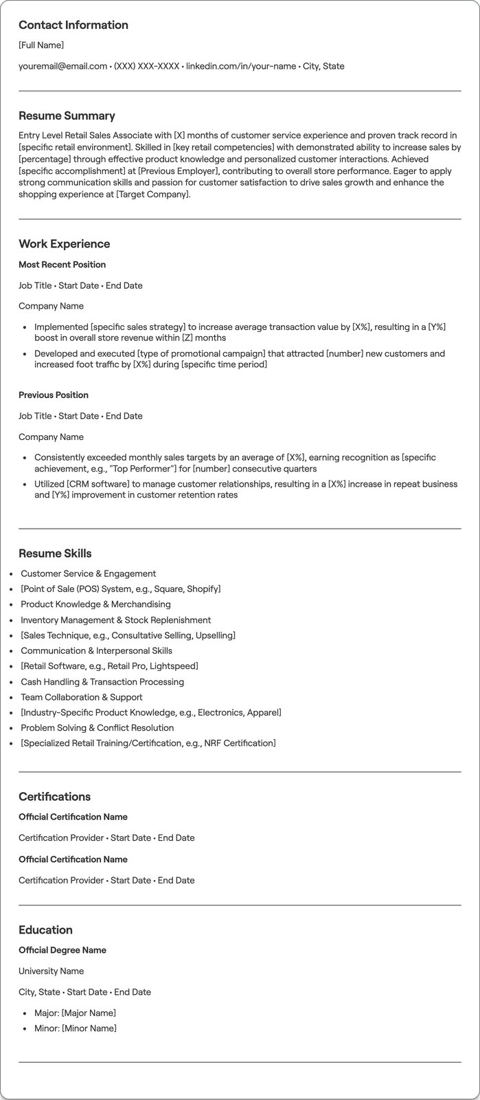 Entry Level Retail Sales resume example