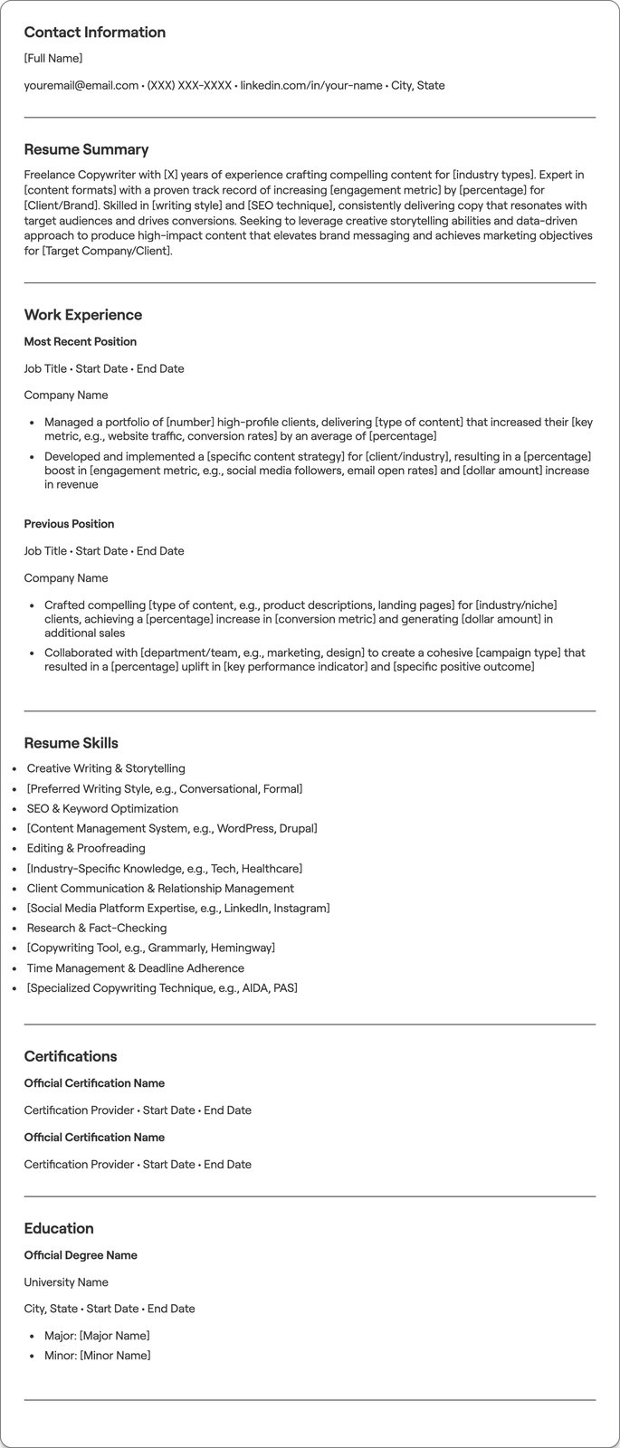 Freelance Copywriter resume example