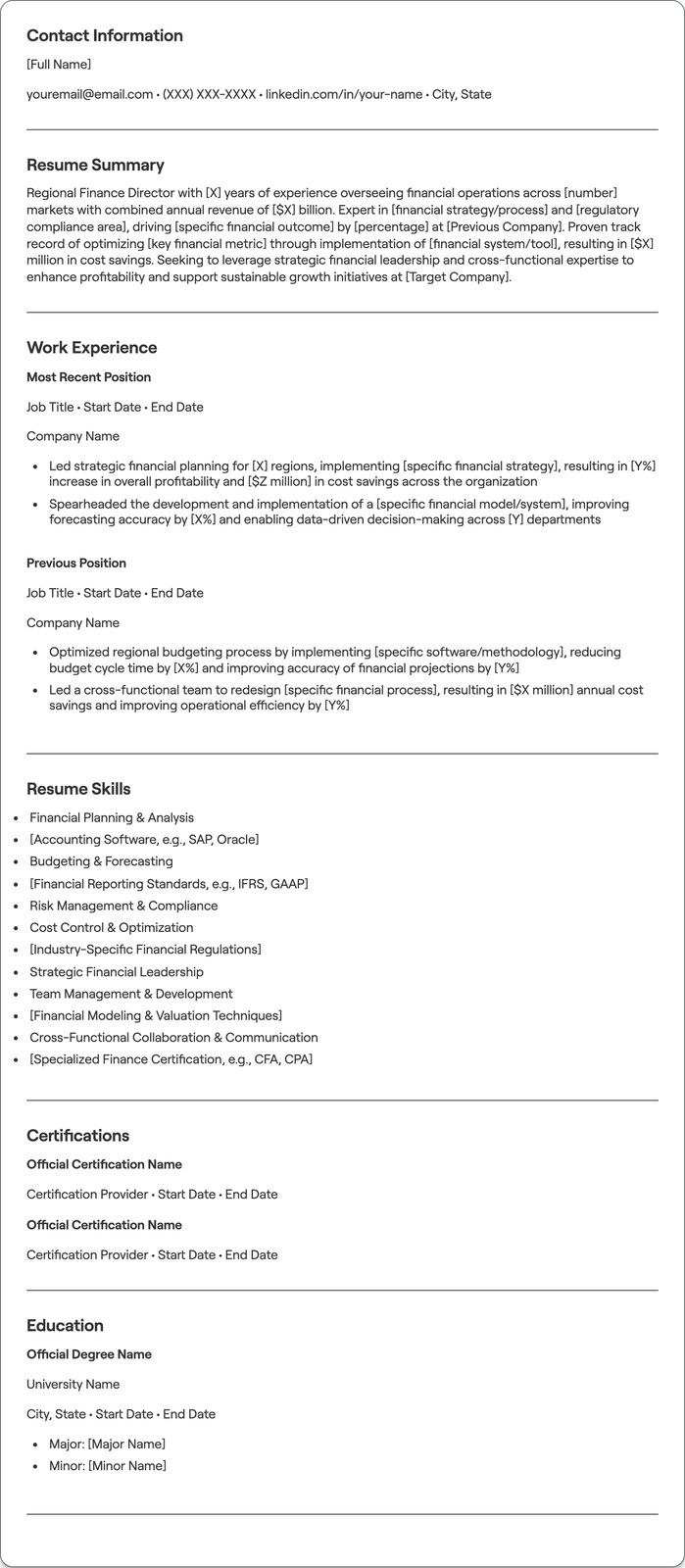 Regional Finance Director resume example