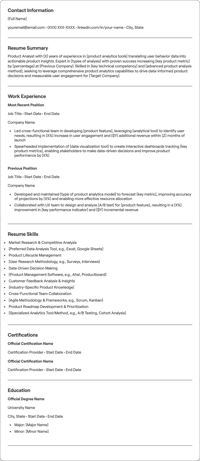 Product Analyst resume example