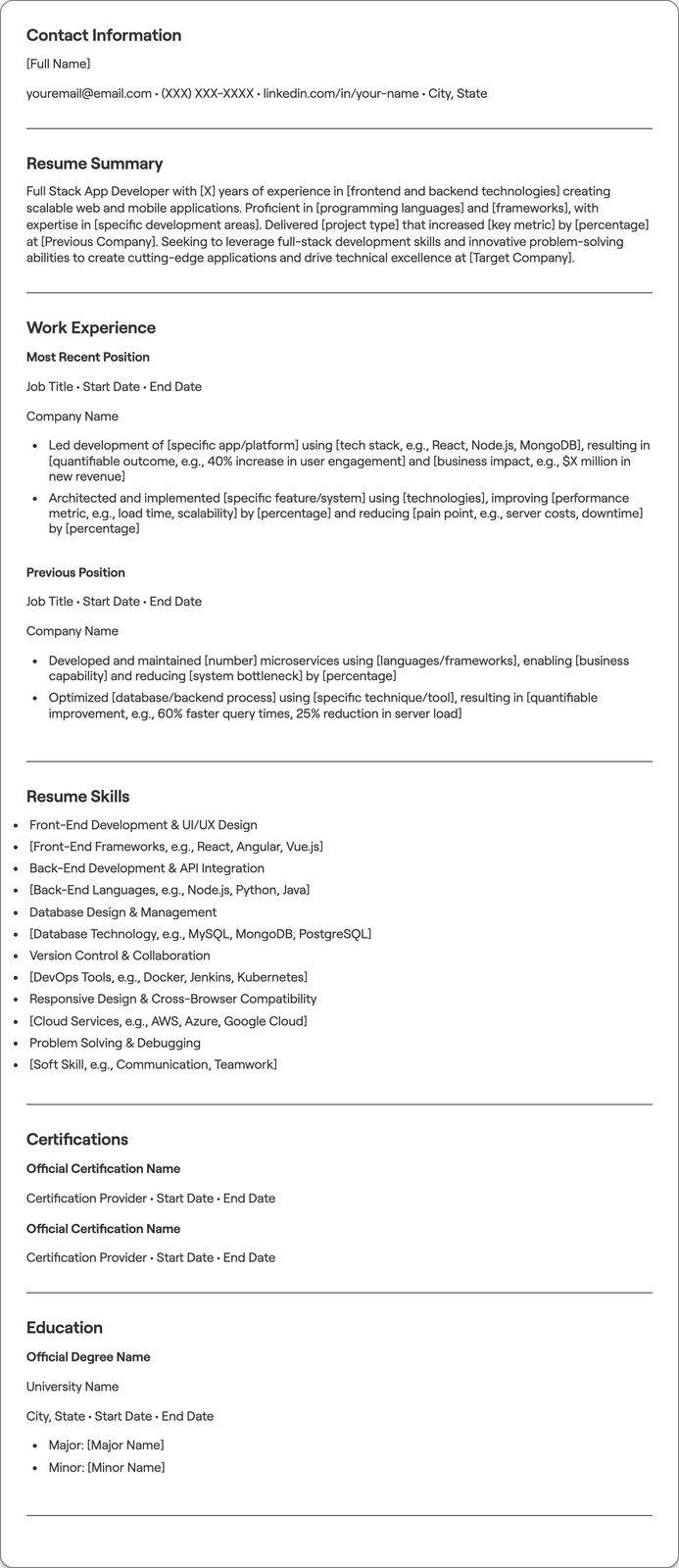 Full Stack App Developer resume example