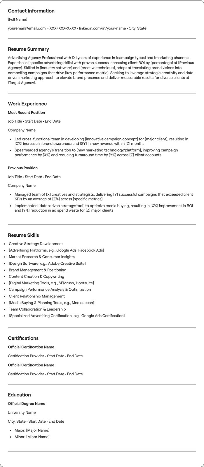 Advertising Agency resume example