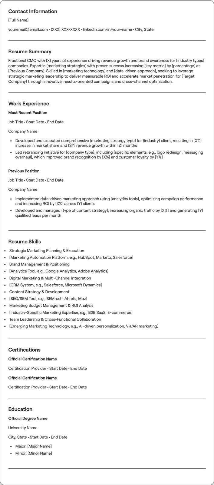 Fractional CMO resume example