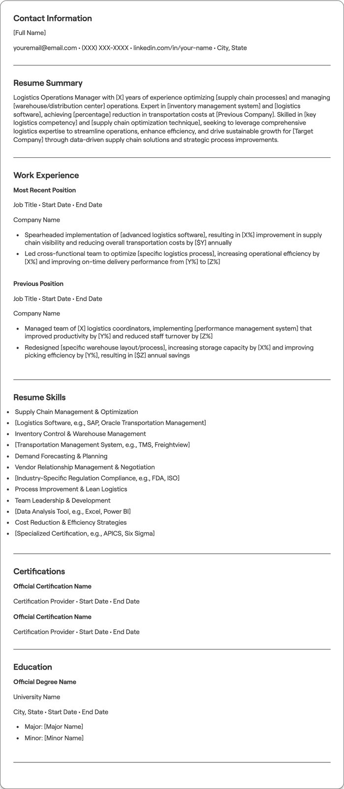 Logistics Operations Manager resume example
