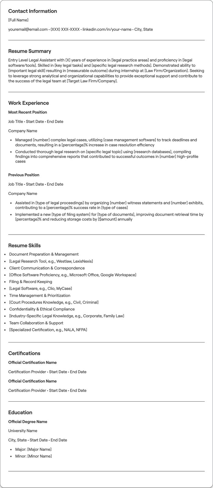 Entry Level Legal Assistant resume example