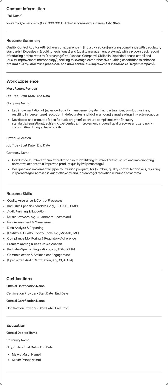 Quality Control Auditor resume example
