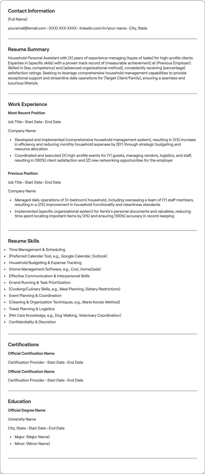 Household Personal Assistant resume example