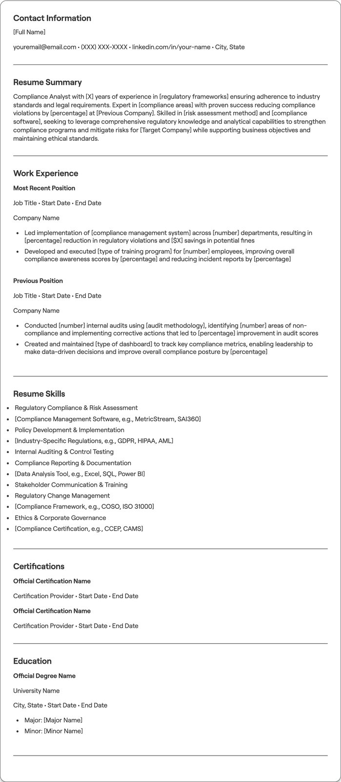 Compliance Analyst resume example