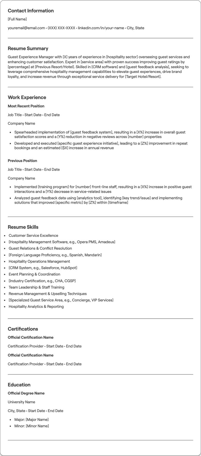 Guest Experience Manager resume example