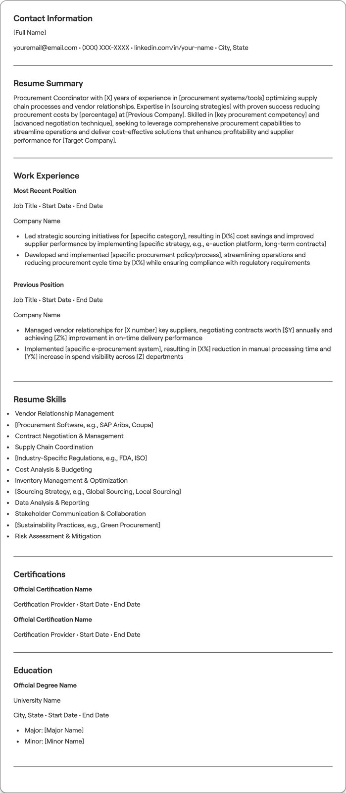Procurement Coordinator resume example